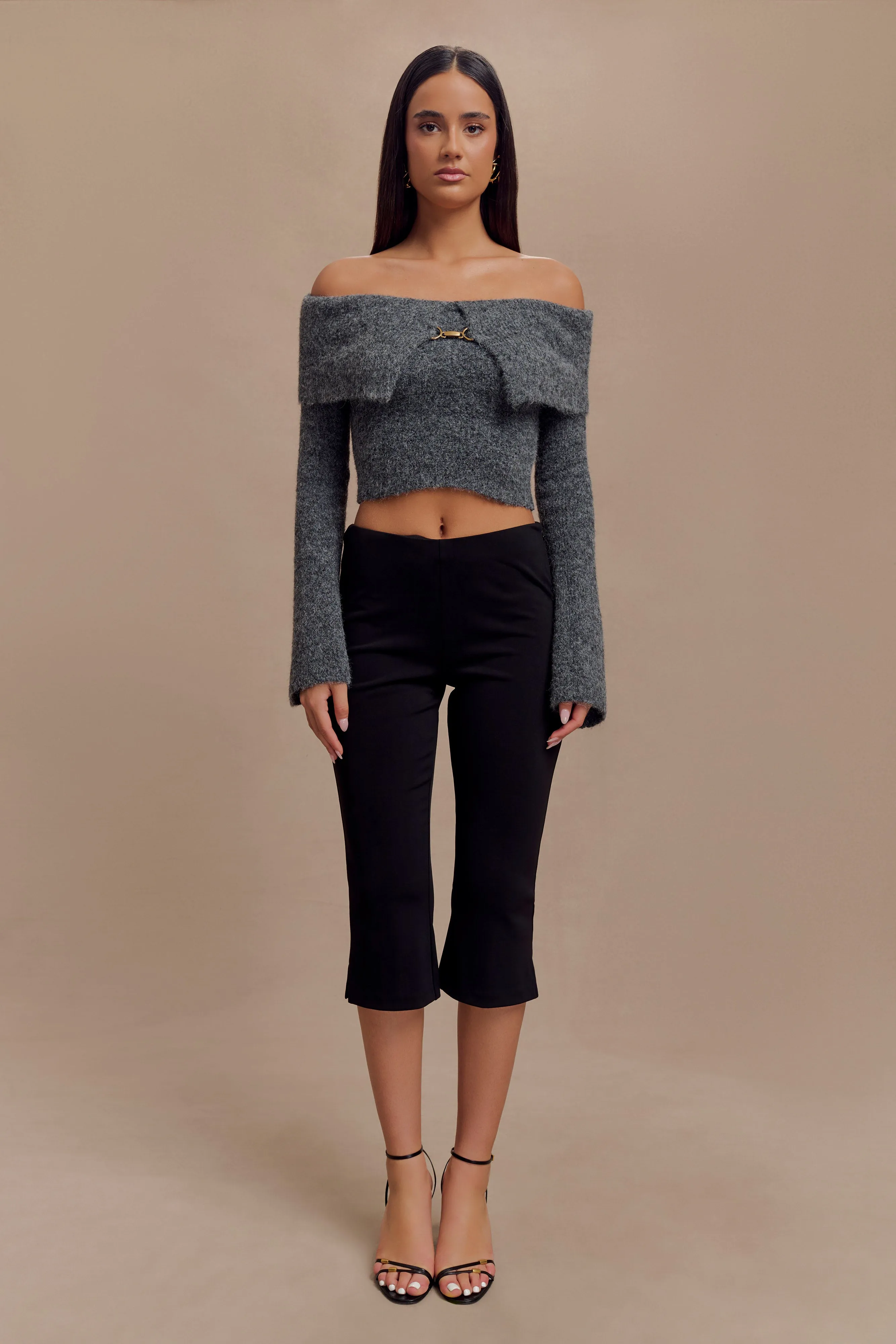 Baxter Off Shoulder Fluffy Knit Top - Charcoal