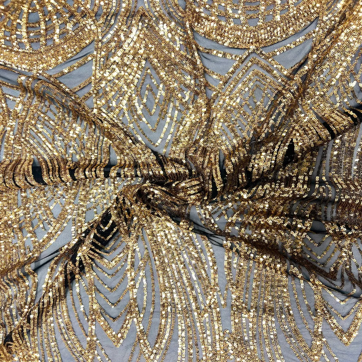 Black | Gold Selena Wave Stretch Sequins Lace Fabric