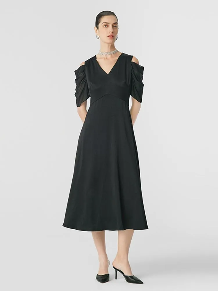 Black Triacetate Gathered Waist V-Neck Midi Dress