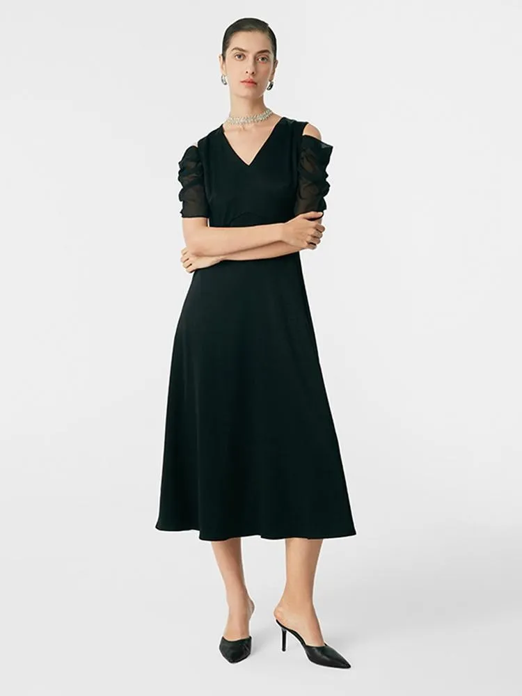 Black Triacetate Gathered Waist V-Neck Midi Dress