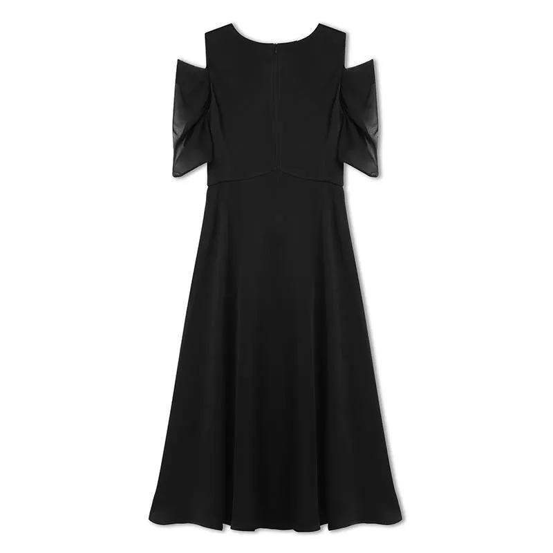 Black Triacetate Gathered Waist V-Neck Midi Dress