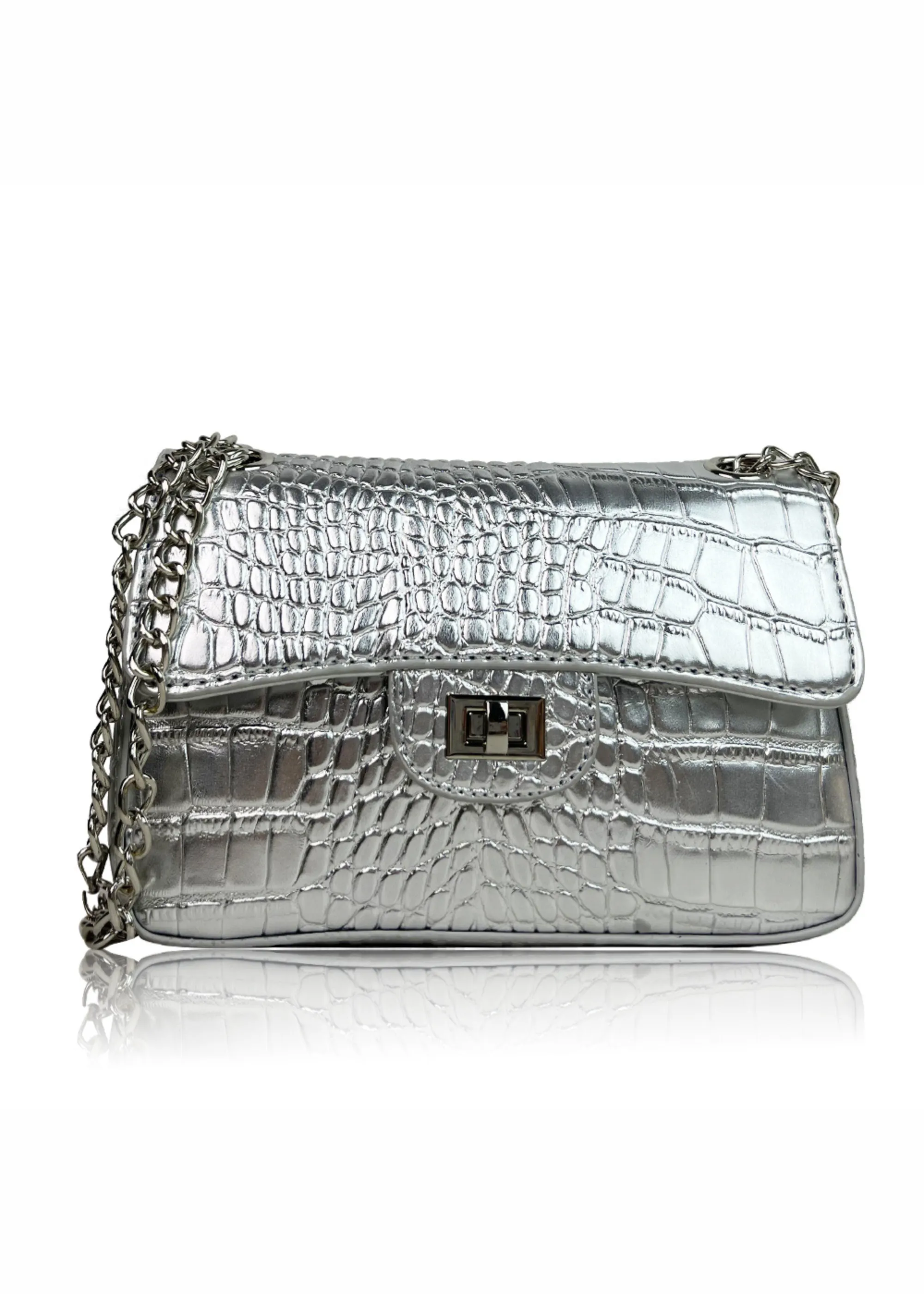 CALYPSO SHOULDER BAG WITH CHAIN AND BUCKLE DETAIL IN SILVER CROCO