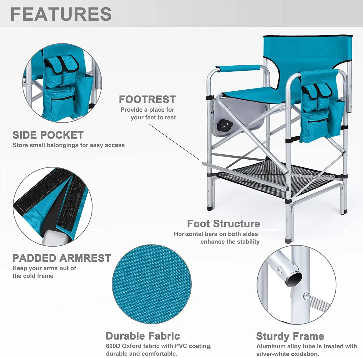 Camping Outdoor Folding Directors Chair, High Rocking Padded Set with Table Attached