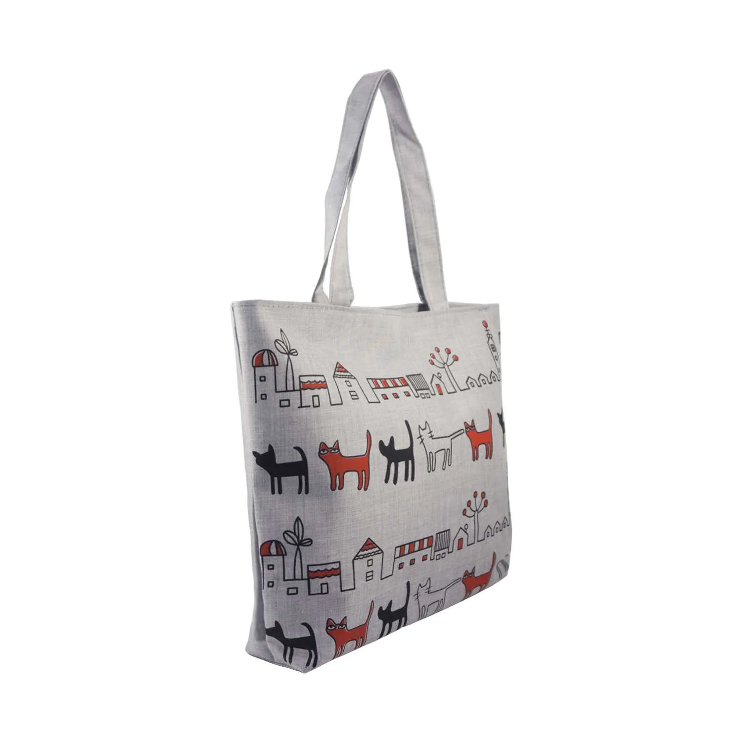 Cat's City Illustration Canvas Tote Bag - Gray