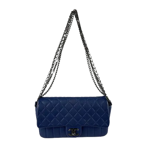 CHANEL - Quilted Leather Medium Single Flap Blue / Ruthenium Shoulder Bag