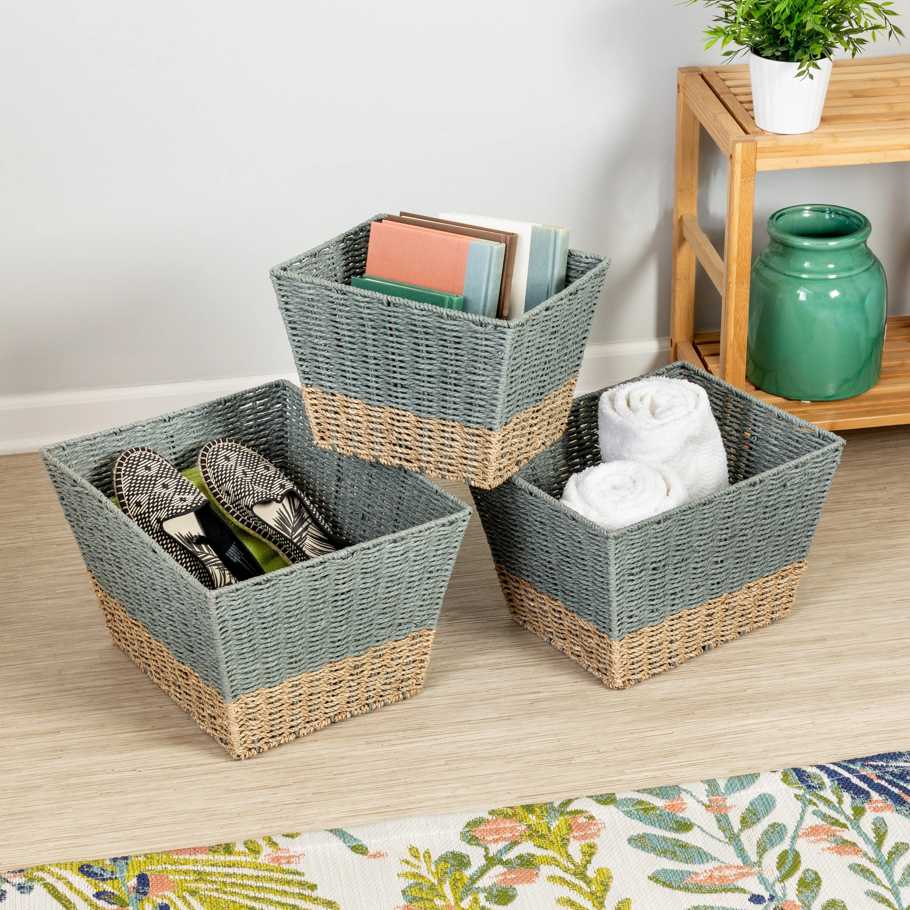 Gray/Natural Seagrass Square Nesting Baskets (Set of 3)