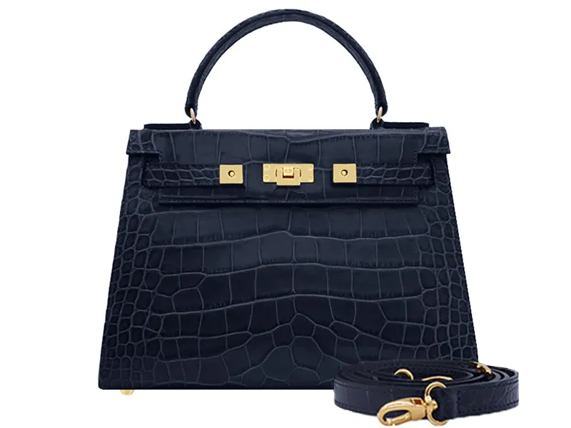 Maya Large Orinoco 'Croc' Print Calf Leather Handbag - Navy