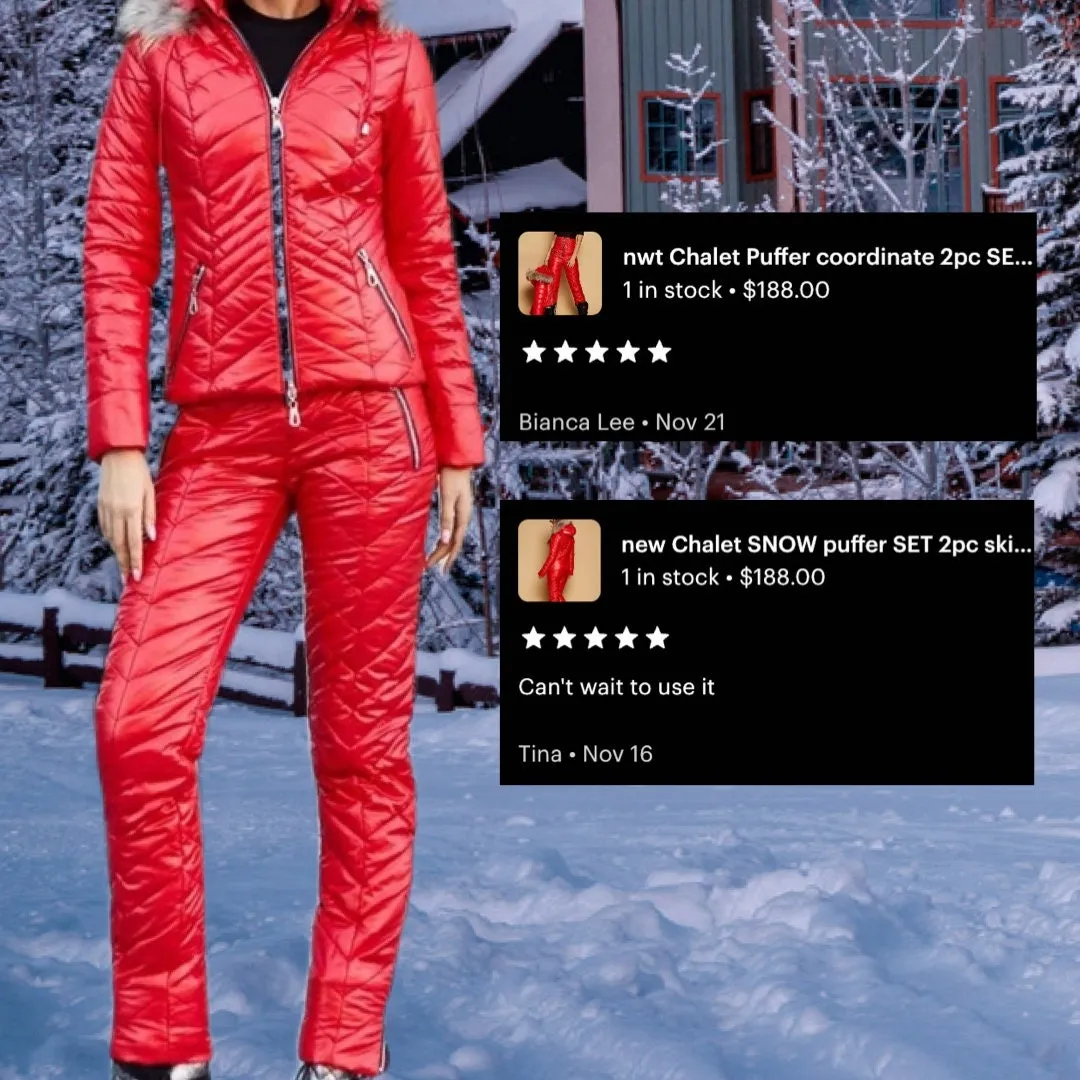 new Chalet SNOW puffer SET 2pc ski jacket & pant coordinate cabin chic vacation fun photo flattering Insta ready black red pink S M L XL 2XL