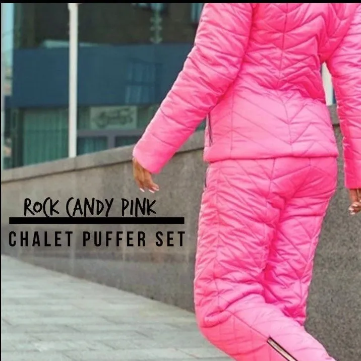 new Chalet SNOW puffer SET 2pc ski jacket & pant coordinate cabin chic vacation fun photo flattering Insta ready black red pink S M L XL 2XL