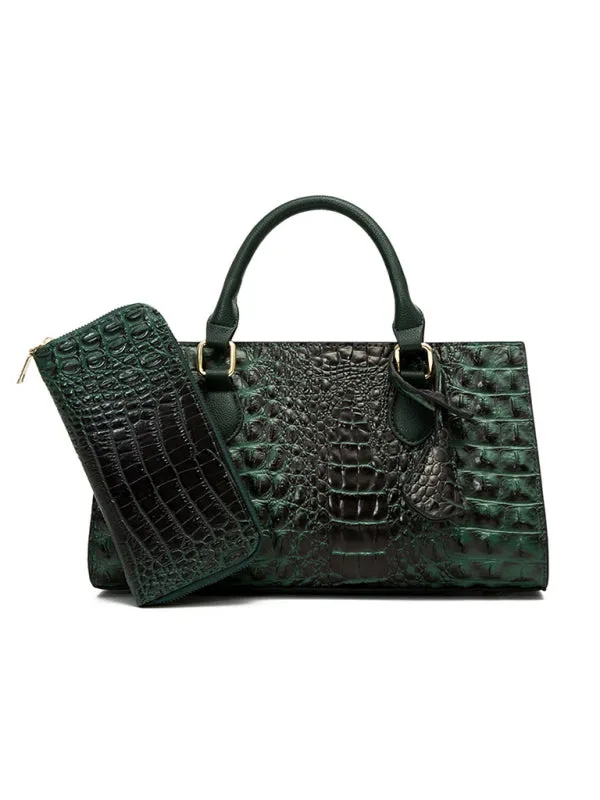 Women's Embossed Crocodile Pattern Shoulder Messenger Bag With Matching Purse